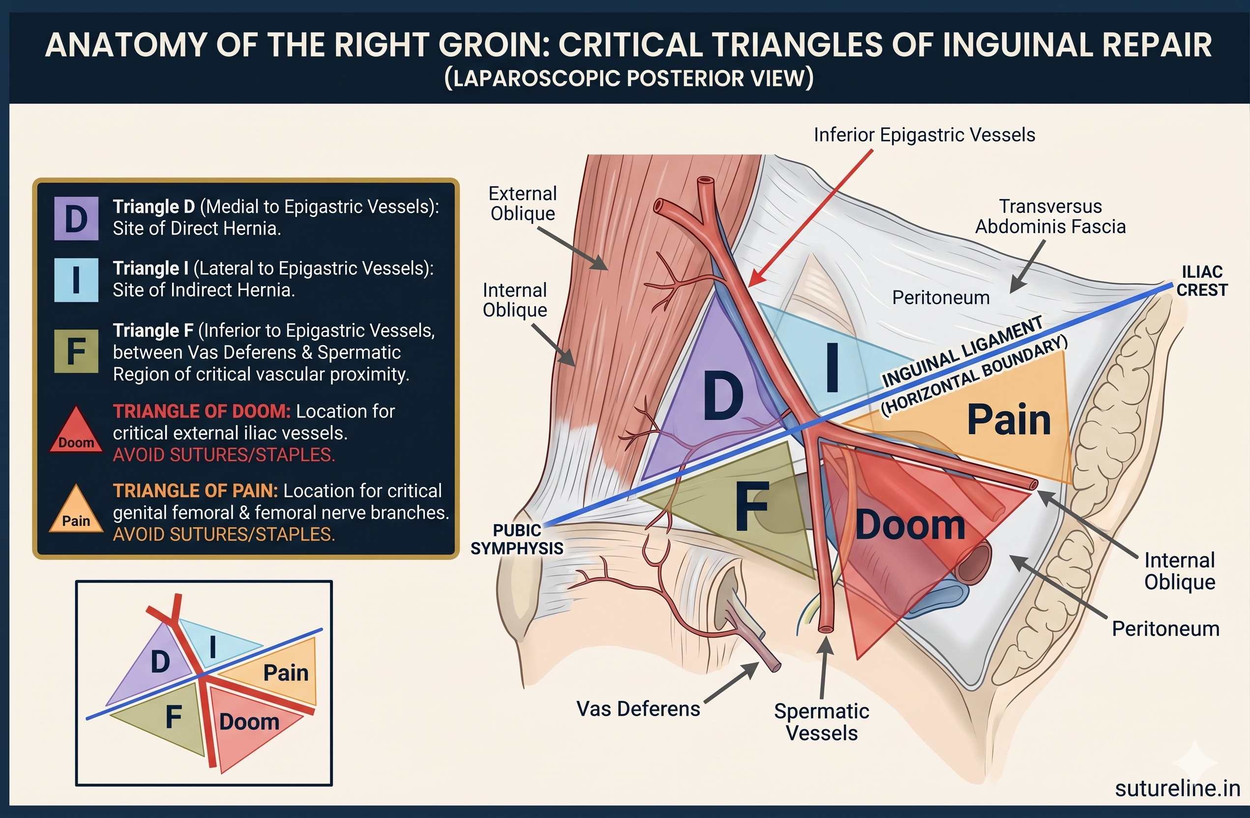 Critical triangles of inguinal repair — laparoscopic posterior view