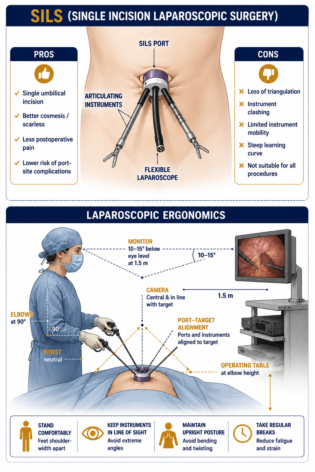 SILS port diagram and laparoscopic ergonomics setup